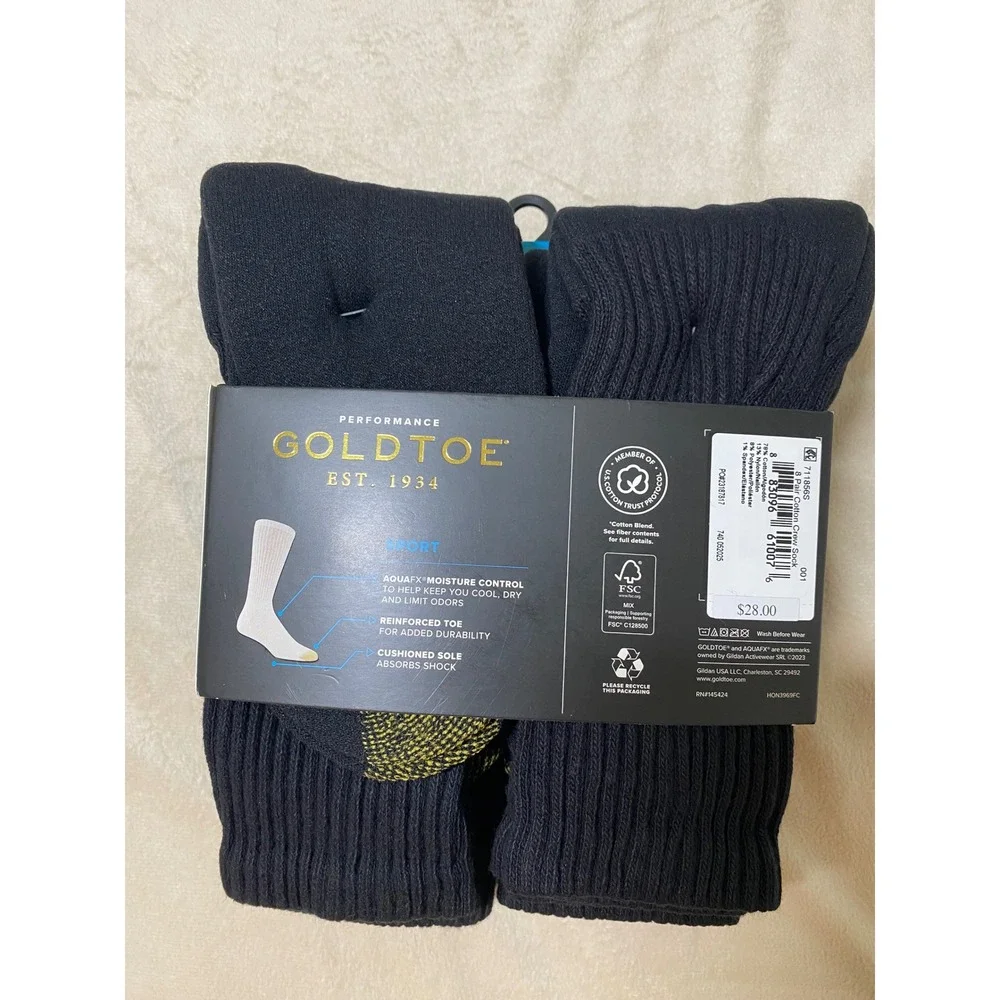 Gold Toe Crew Socks Men 6-12.5 Black NWT 8 Pair Performance Sport Cushioned